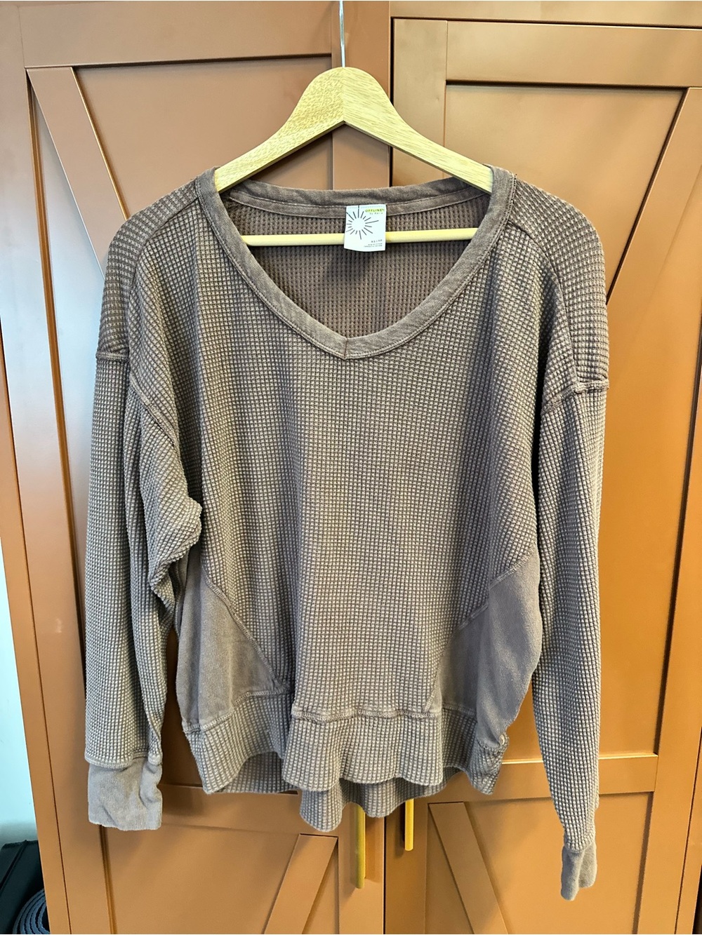 Offline by aerie Waffle Knit V-Neck Pullover - Taupe Brown